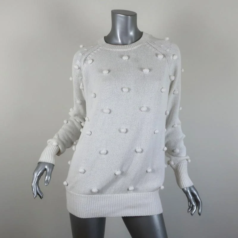 THE GREAT Pom Pom Sweater White Cotton Knit Size 0 Crewneck Pullover Long Sweater Short Sweater Cropped Sweater