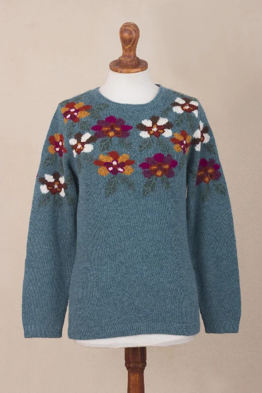 Turquoise Garden Intarsia Knit Turquoise Floral Alpaca Sweater Stretchy Elastic Breathable