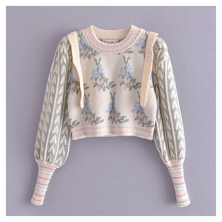 Vintage jacquard sweater women's bubble sleeve sweater  7165 Zippered Front Buttoned Front Snap Front