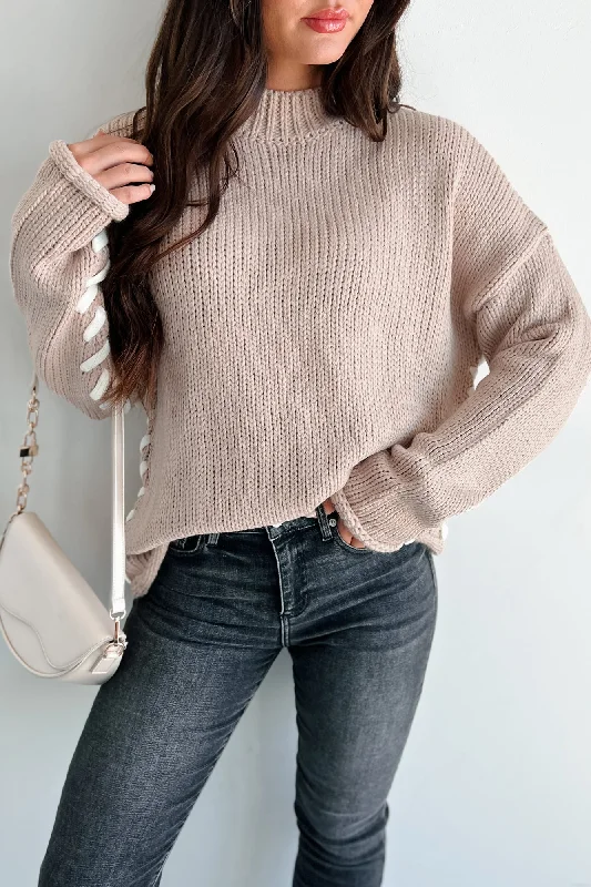 Whispering Woods Stitch Detailed Sweater (Taupe/White) Solid Color Striped Floral Print