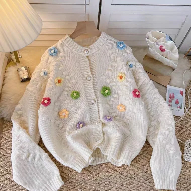 3d Flower V-neck Cardigan Sweater Crocheted Flower Sweater     S4365 Graphic Sweater Embroidered Appliqued