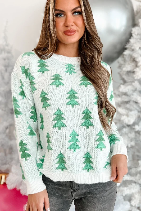 A Tree-mendous Christmas Pearl Beaded Holiday Sweater (Ivory/Green) Elasticated Padded Insulated