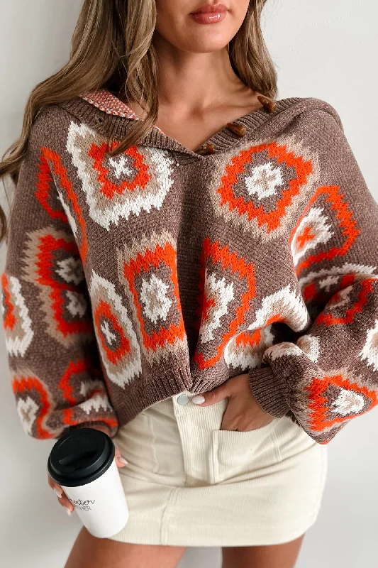 Ailyn Hooded Geometric Sweater (Mocha/Multi) Plaid Sweater Polka Dot Checkered