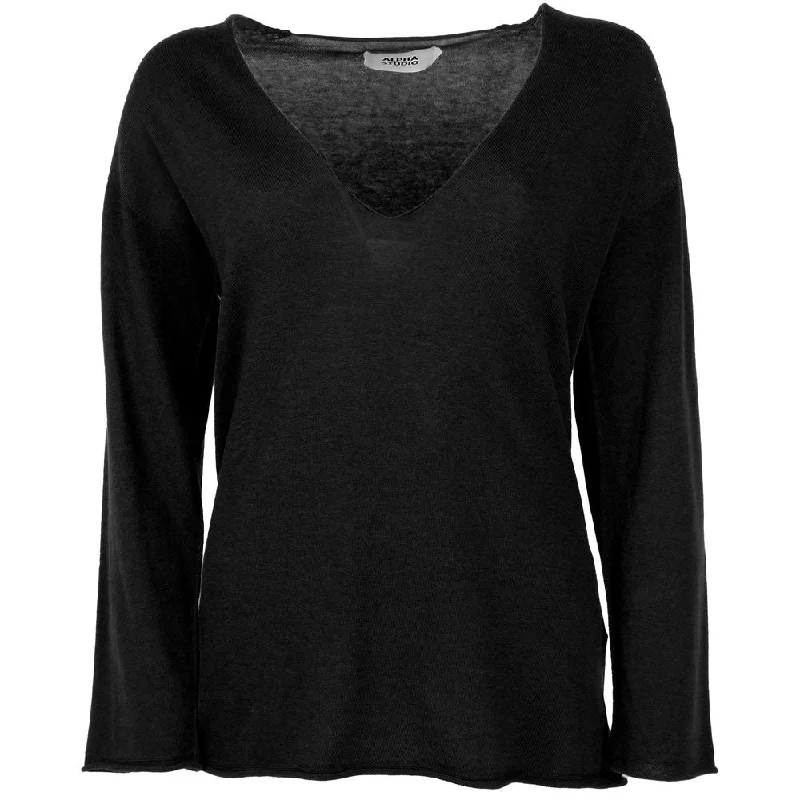 Alpha Studio Black Cotton Sweater Layered Multi-layer Single Layer