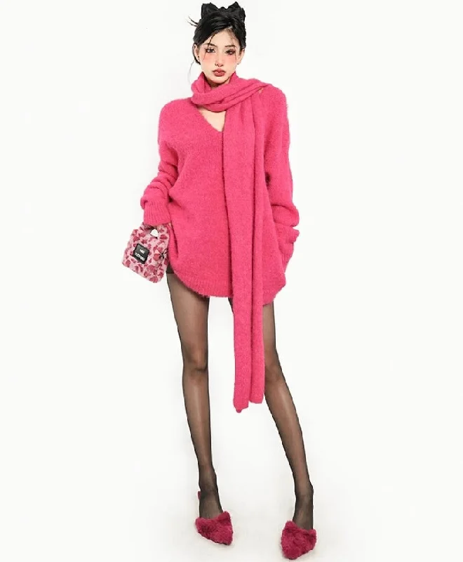Ann Solid Color Hot Pink V-Neck Long Sleeve Scarf Sweater Iron Safe Non-Iron Wrinkle Free