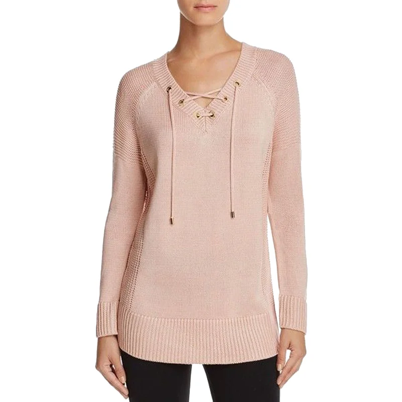 Calvin Klein Pink Long Sleeve Lace Up Mixed Knit Sweater Plus Size Polka Dot Checkered Tartan
