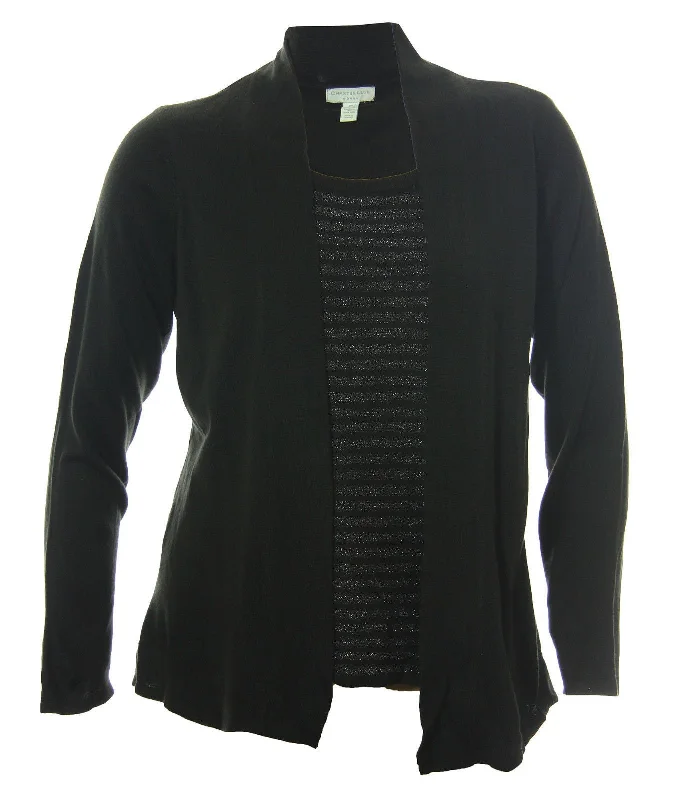 Charter Club Black Long Sleeve Shimmer Striped 2fer Sweater Knit Top Solid Color Striped Floral Print