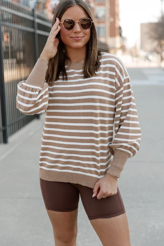 READY FOR ANYTHING STRIPE SWEATER IN TAUPE Notch Collar Peter Pan Collar Cowl Neck