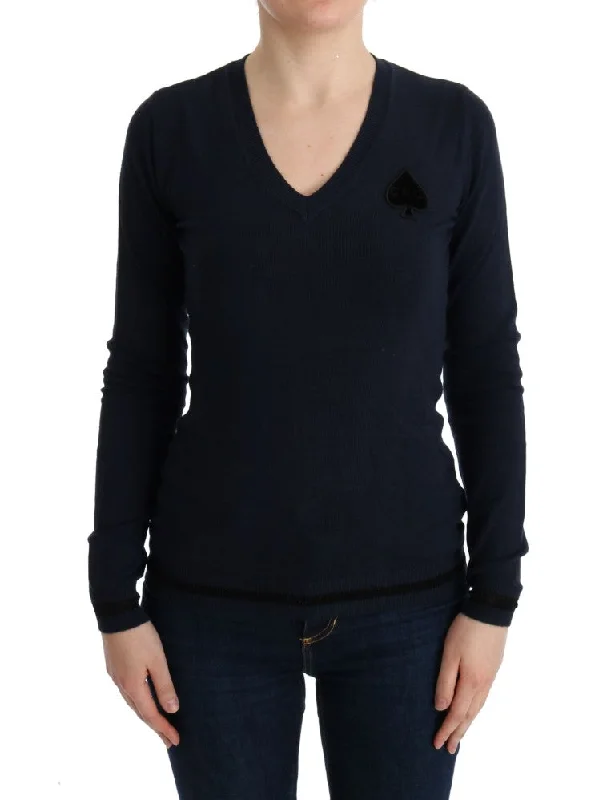 Costume National Elegant Blue V-Neck Sweater Long Sweater Short Sweater Cropped Sweater