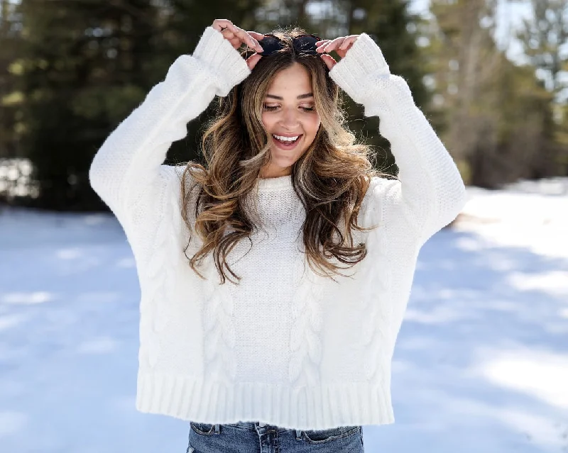 Cropped Cable Crew Sweater Fitted Slim Tailored