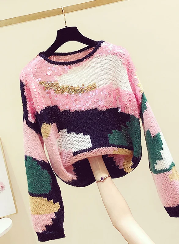 Cute Colorful Long Sleeve Sweater Round Neck Sequins Sweater    S4371 Zippered Front Buttoned Front Snap Front