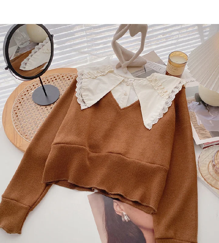 Design sense baby collar stitched sweater short retro top  6696 Fleece Sweater Nylon Polyester