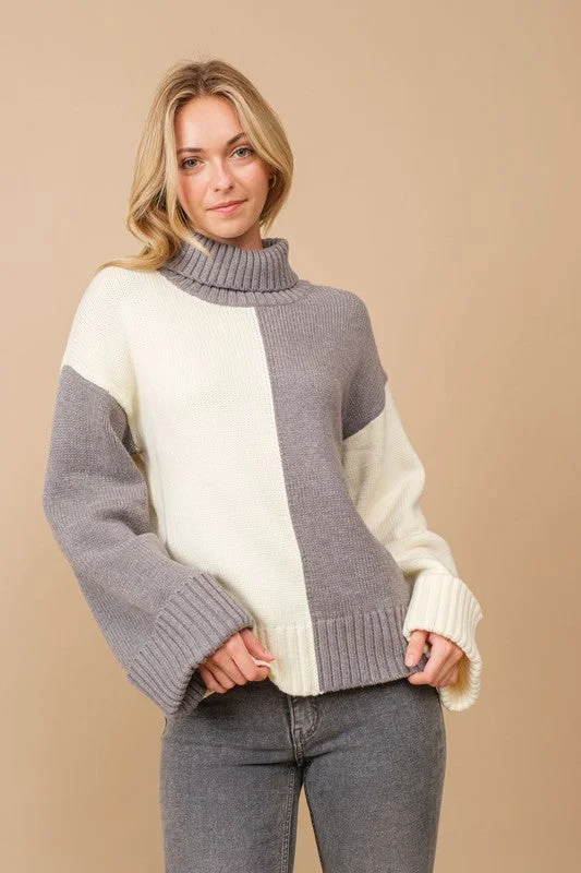 Divided Opinions Colorblock Cowl Neck Sweater (Heather Grey) Terry Terry Cloth Terry Knit