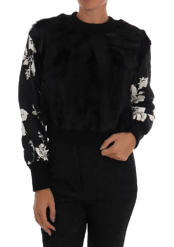 Dolce & Gabbana Floral Brocade Black Fur Sweater Transparent Opaque Sheer