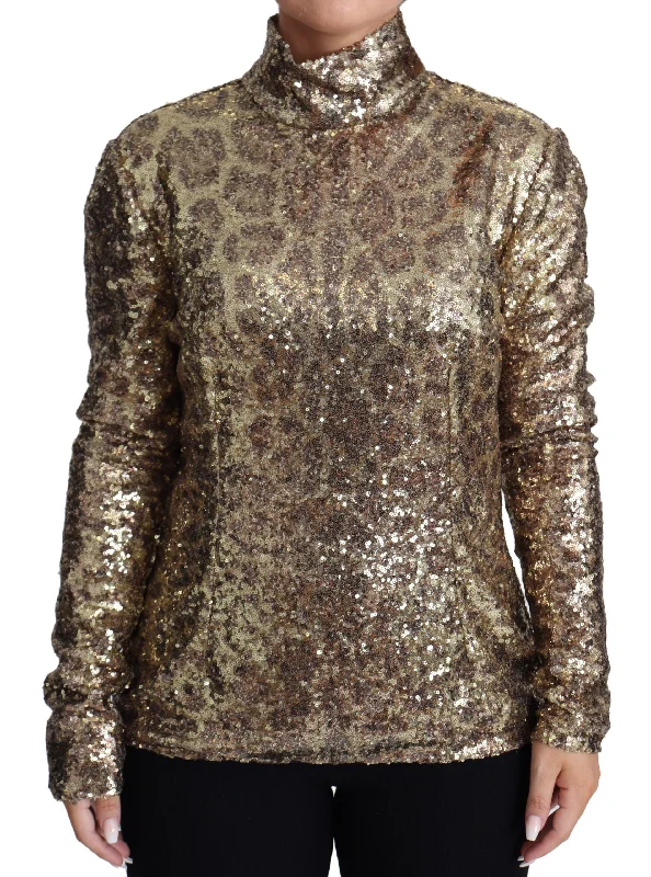 Dolce & Gabbana Sequined Turtleneck Full Zip Sweater in Brown Satin Blend Silk Blend Wool Blend