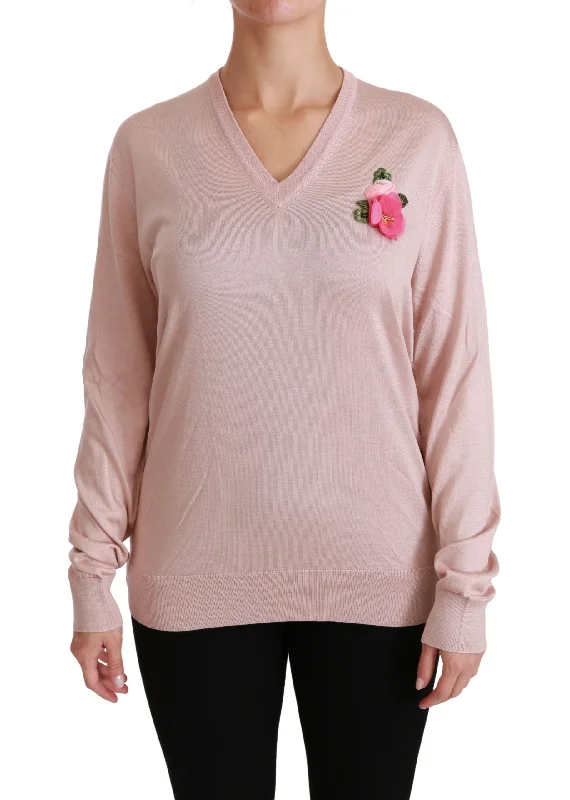 Dolce & Gabbana Pink Floral Silk V-Neck Sweater Boxy Sweater Fitted Sweater A-Line