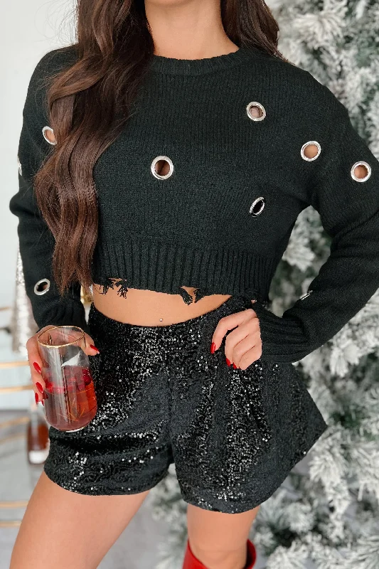 Edge Of Sanity Distressed Grommet Sweater (Black) Ribbed Striped Patterned