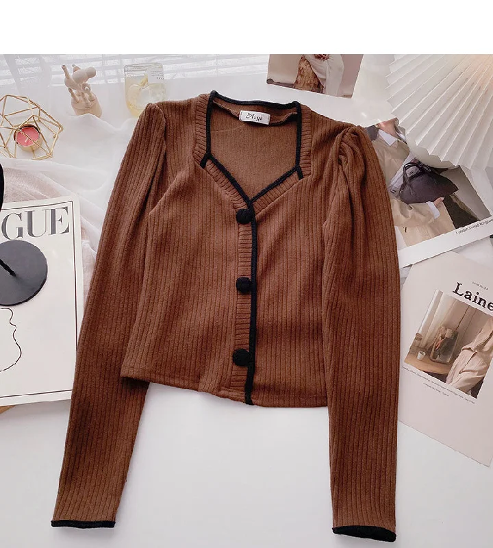French small square neck sweater long sleeve color matching top  6695 Layered Multi-layer Single Layer