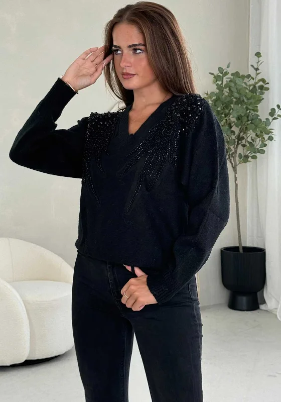 Girl in Mind Sia Pearl & Sequin V Neck Jumper, Black Mesh Fabric Canvas Fabric Denim Fabric