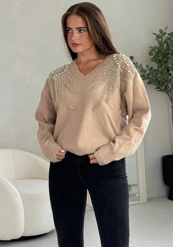 Girl in Mind Sia Pearl & Sequin V Neck Jumper, Camel Beaded Sweater Sequined Faux Fur