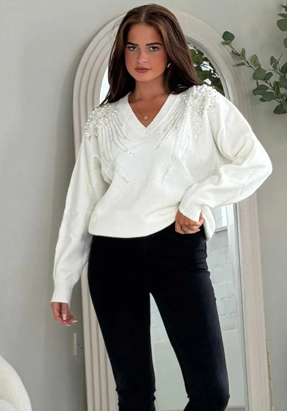 Girl in Mind Sia Pearl & Sequin V Neck Jumper, Cream Machine Wash Dry Clean Hand Wash
