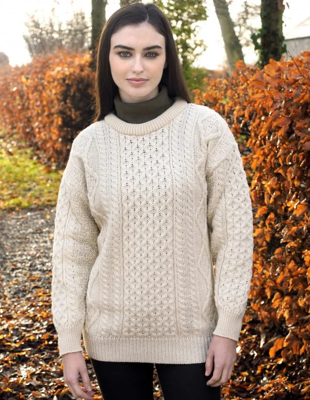 Inish Mor Natural Aran Crew Neck Sweater Transparent Opaque Sheer