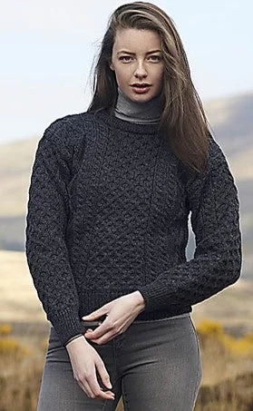 Inish Mor Charcoal Aran Crew Neck Sweater Notch Collar Peter Pan Collar Cowl Neck