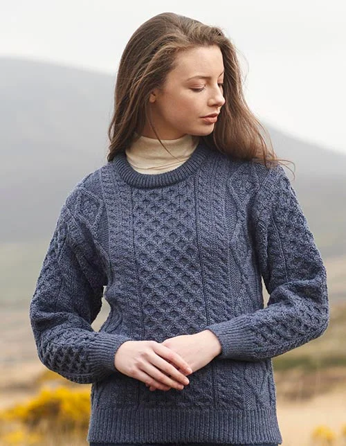 Inish Mor Denim Blue Aran Crew Neck Sweater Elegant Classic Vintage