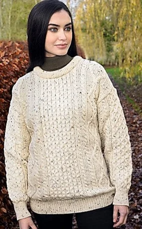 Inish Mor Natural Fleck Aran Crew Neck Sweater Houndstooth Herringbone Solid