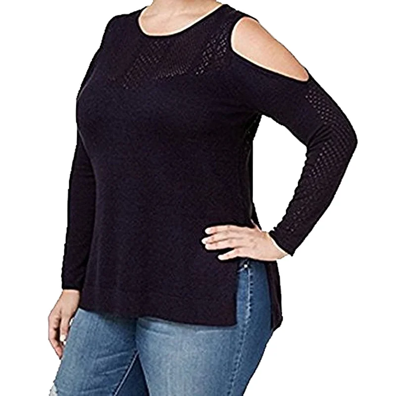 Jessica Simpson Black Long Sleeve Cold Shoulder Crochet Sweater Plus Size Toggled Drawstring Belted