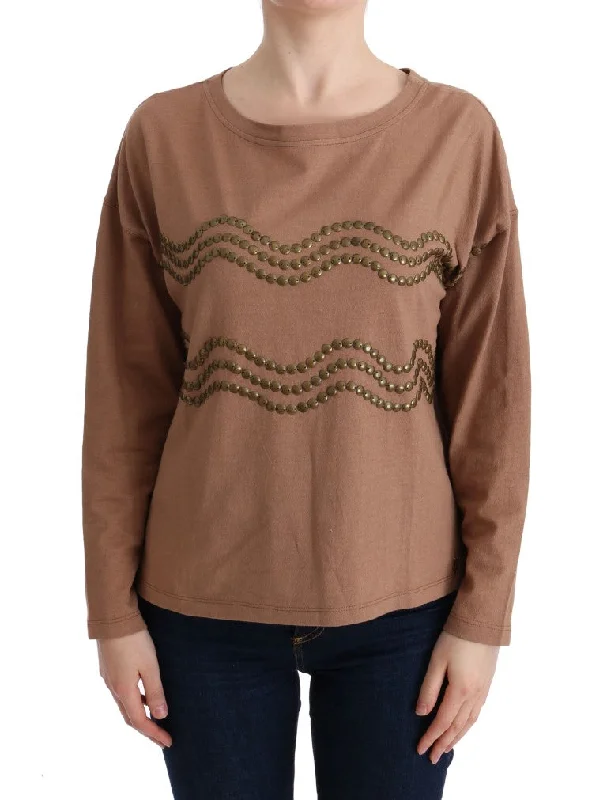 John Galliano Chic Brown Crewneck Cotton Sweater Elasticated Padded Insulated