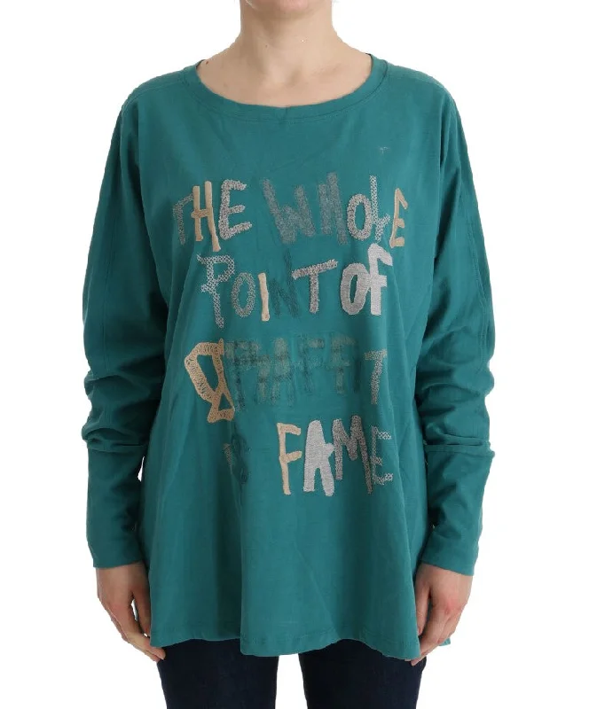 John Galliano Elegant Crewneck Cotton Sweater in Green Denim Fabric Leather Fabric Suede Fabric