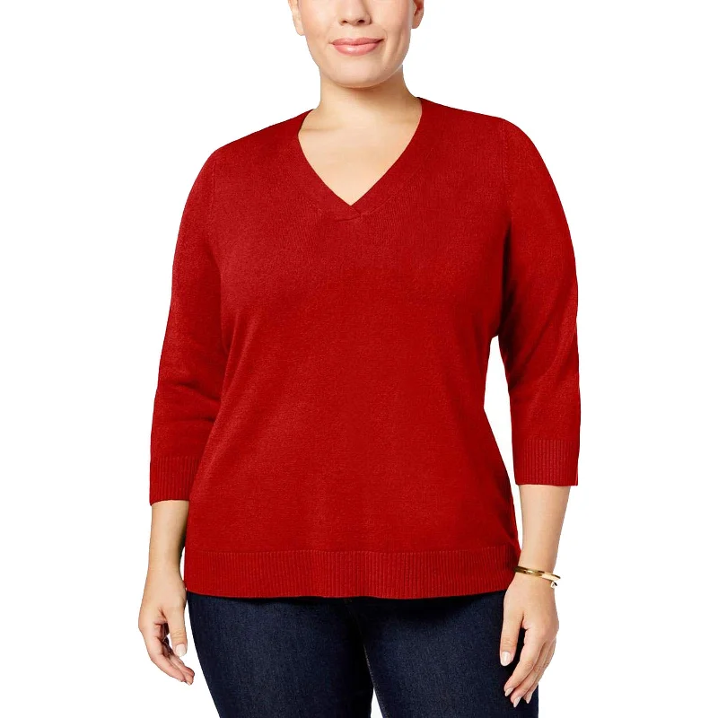 Karen Scott Red or Black 3/4 Sleeve V-Neck Sweater Plus Size Boat Neck Shawl Collar Notched Collar