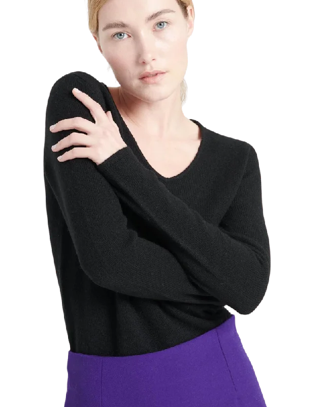 Lilly Cashmere V-Neck Sweater, Black Polka Dot Checkered Tartan