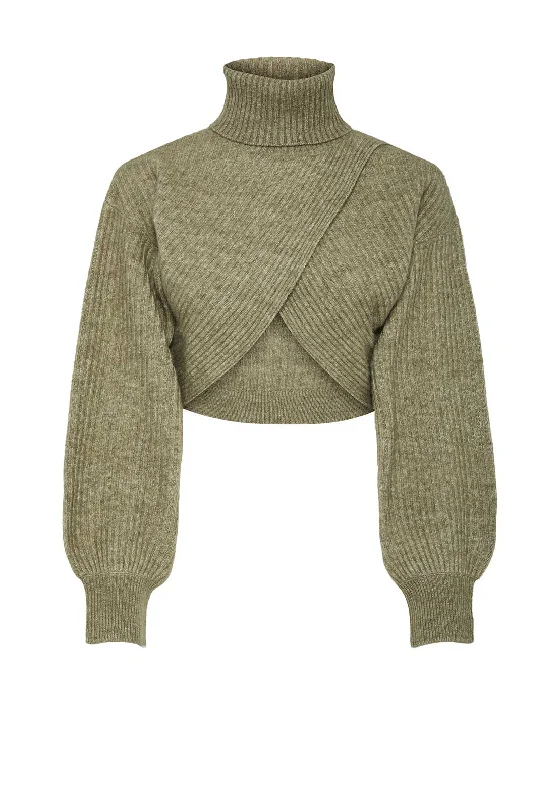 Pieces Paya High Neck Wrap Crop Jumper, Green Beaded Sweater Sequined Faux Fur