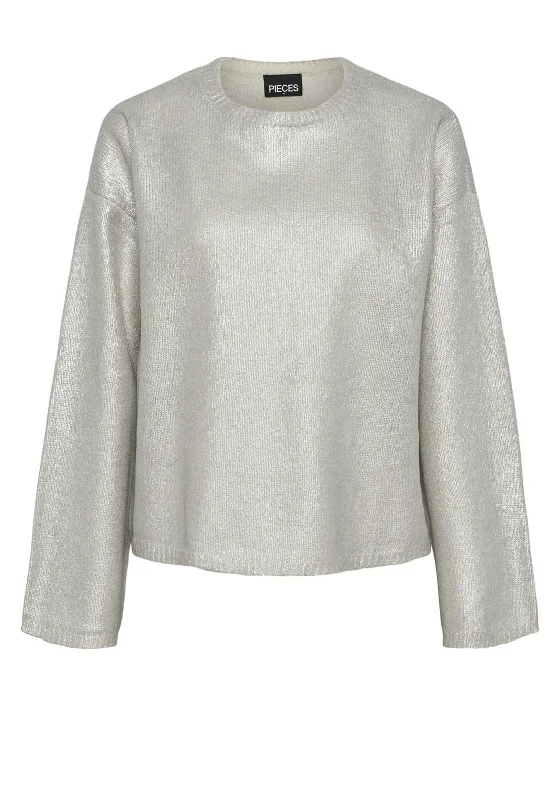 Pieces Roi Round Neck Metallic Jumper, Light Gold Houndstooth Herringbone Solid