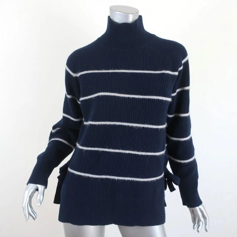 Rebecca Taylor Turtleneck Sweater Navy Striped Size Small Side-Tie Pullover High Neck Crew Neck V-Neck