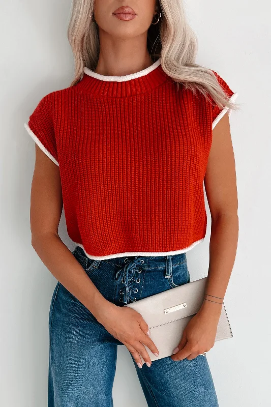 Savoring The Present Contrast Trim Crop Sweater (Red) Striped Floral Plaid
