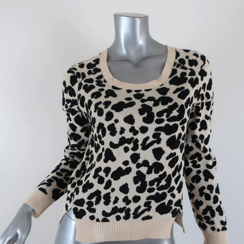 SEA Sweater Cream/Black Leopard Cotton Knit Size Extra Small Scoop Neck Pullover Tailored Straight A-Line