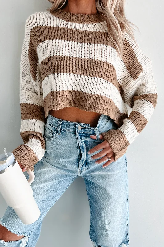 Share Your Story Striped Crop Sweater (Cream/Taupe) Elasticated Padded Insulated