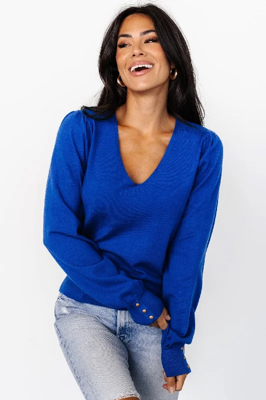 Sheila V Neck Sweater Top | Cobalt Elasticated Padded Insulated