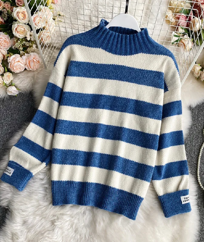 Simple Stripe Long Sleeve Sweater       S4381 Open Front Closed Front Wrap Front
