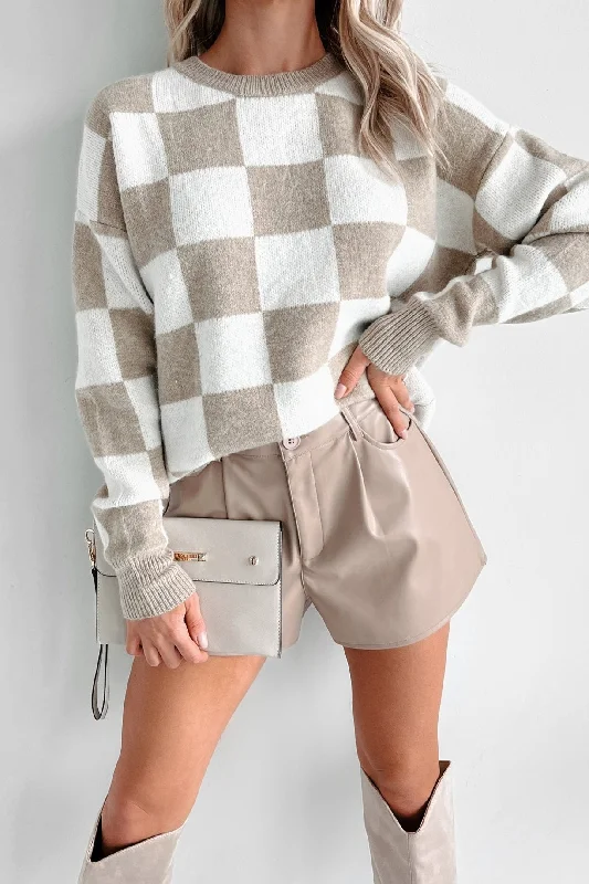 Strategically Stylish Oversized Checker Sweater (Taupe) Mesh Fabric Canvas Fabric Denim Fabric
