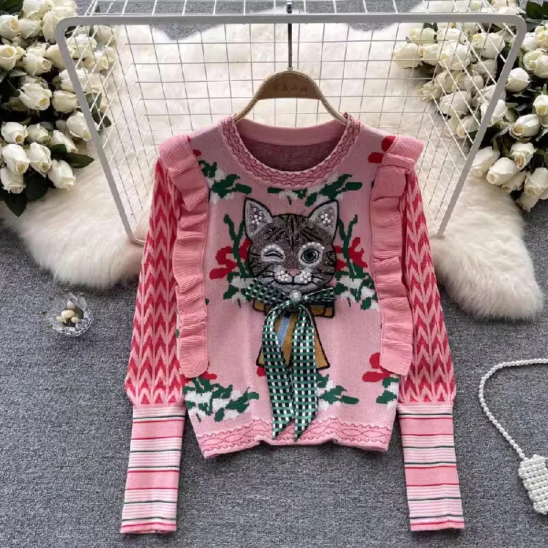sweater women's new style ruffled kitten short sweater top        S4526 Long Sweater Short Sweater Cropped Sweater