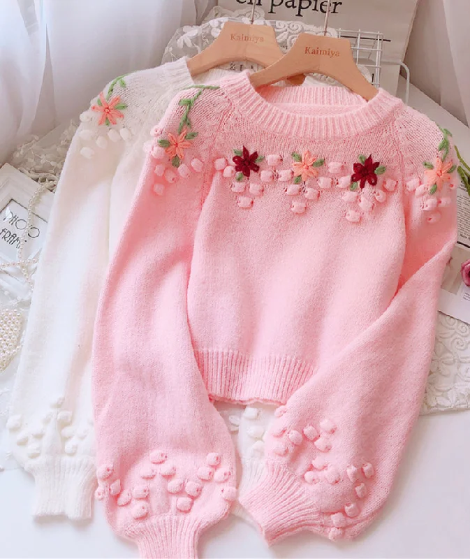 Sweet Flowers Long Sleeve Sweater       S4375 Front Pockets Side Pockets Patch Pockets