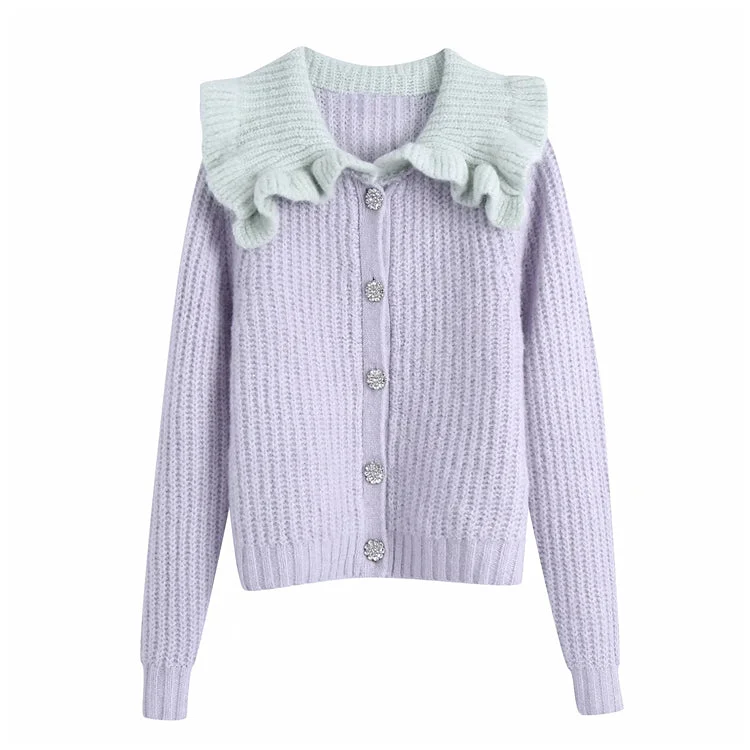 Sweet ruffled baby collar sweater coat female  7152 Houndstooth Herringbone Solid