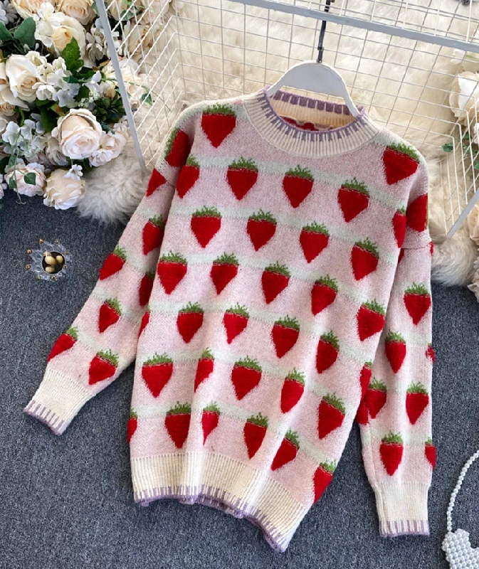 Sweet Strawberry Sweater      S4377 Solid Print Embellished
