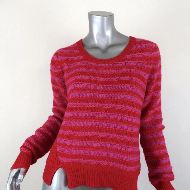 Thakoon Sweater Pink/Red Striped Wool-Cashmere Size Large Crewneck Pullover Real Fur Shearling Chenille