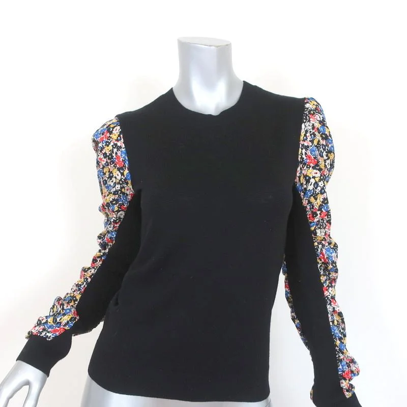 Veronica Beard Adler Mixed Media Sweater Black Wool & Floral Silk Size Small Plaid Sweater Polka Dot Checkered