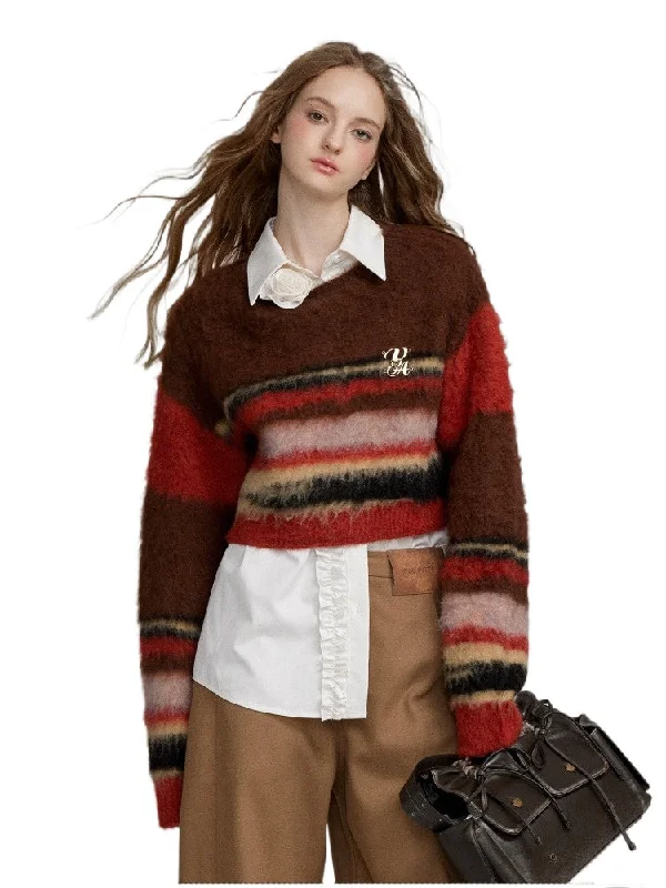 Colorblock Striped Cropped Pullover Sweater Real Fur Shearling Chenille